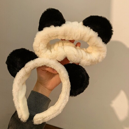 Adorable Panda Ears Face Washing Headband with High Crown Cartoon Plush Hairband for Ladies Makeup and Washing Tied Hair Headwear