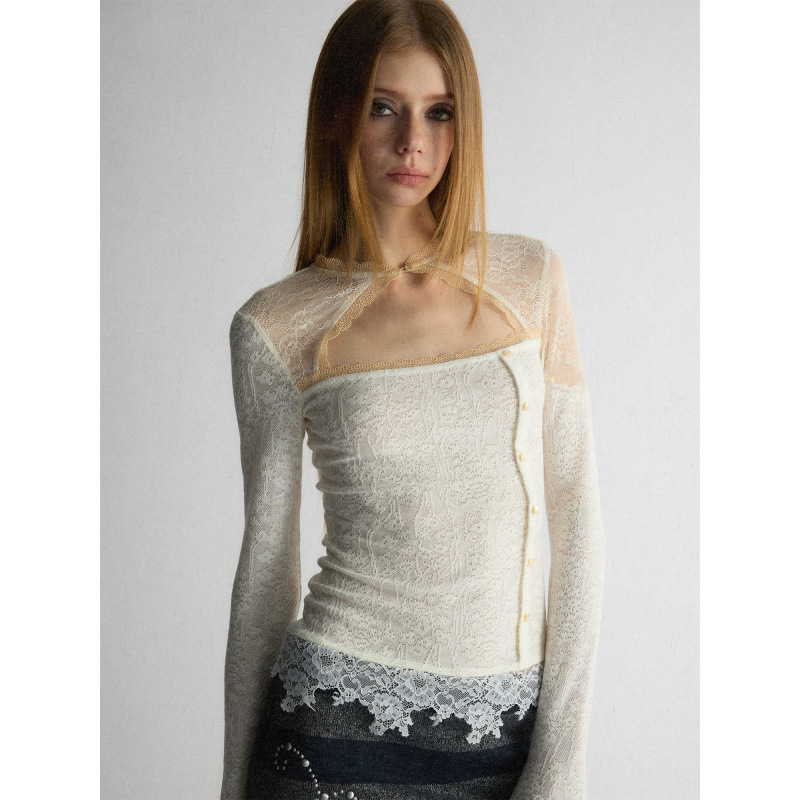 In-Stock Cool and Understated Lace Hollow-Out Deconstructed Patchwork Jacquard Slim-Fit Long-Sleeve T-Shirt Base Layer In-Stock Cool and Understated Lace Hollow-Out Deconstructed Patchwork Jacquard Slim-Fit Long-Sleeve T-Shirt Base Layer