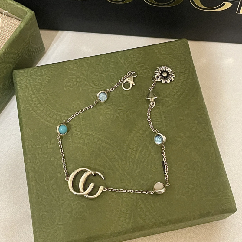 Ancient 925 Silver Double G Green Pink Topaz Daisy Bracelet Women's Simple Sweet Fashion Trend Bracelet