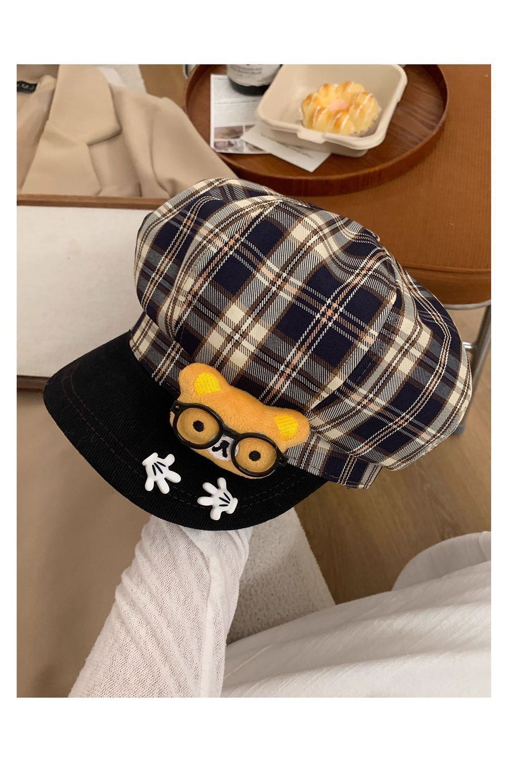 Cute Cartoon Bear Beret Hat For Women Plaid Octagonal Cap Style_voghion.com