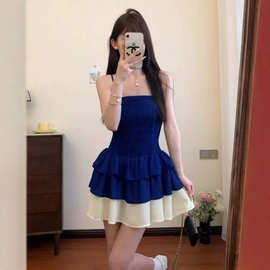 法式纯欲风拼接吊带连衣裙子女修身显瘦小个子可盐可甜蓬蓬短裙夏