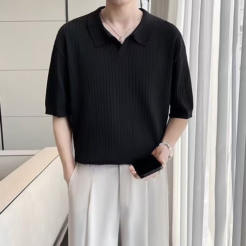 Knit Short-Sleeve POLO Shirt Men's Autumn Trendy Simple Muscle Fitness Striped Collar Top T-Shirt