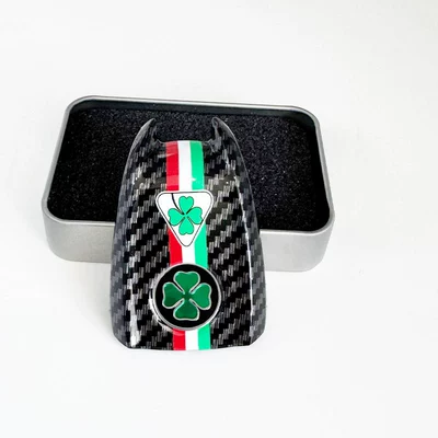 Car logo | Key Shell Stelvio Carbon Fiber - double-four-leaf-clover-three-color-pattern-black-carbon-fiber-back-cover