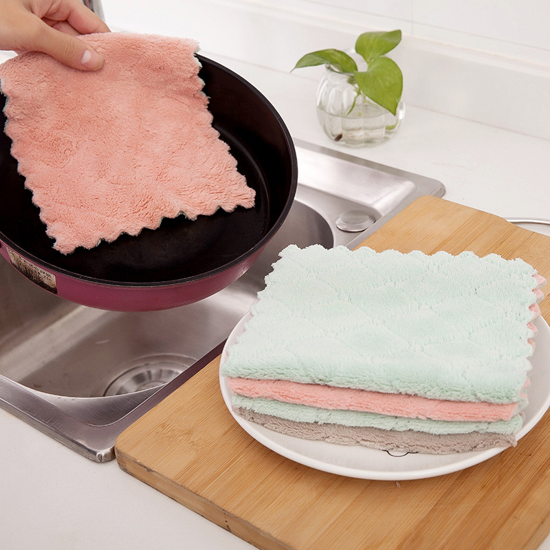 Coral Fleece Dishcloth Is Not Easy to Absorb Oil, Thickened Kitchen Absorbent Cloth for Removing Grease Stains, Household Lint-Free Scouring Pad