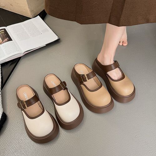 Mary Jane Internet celebrity fashionable half-drag slippers women's outer 2025 new spring thick sole height-increasing Baotou Birken Baotou shoes
