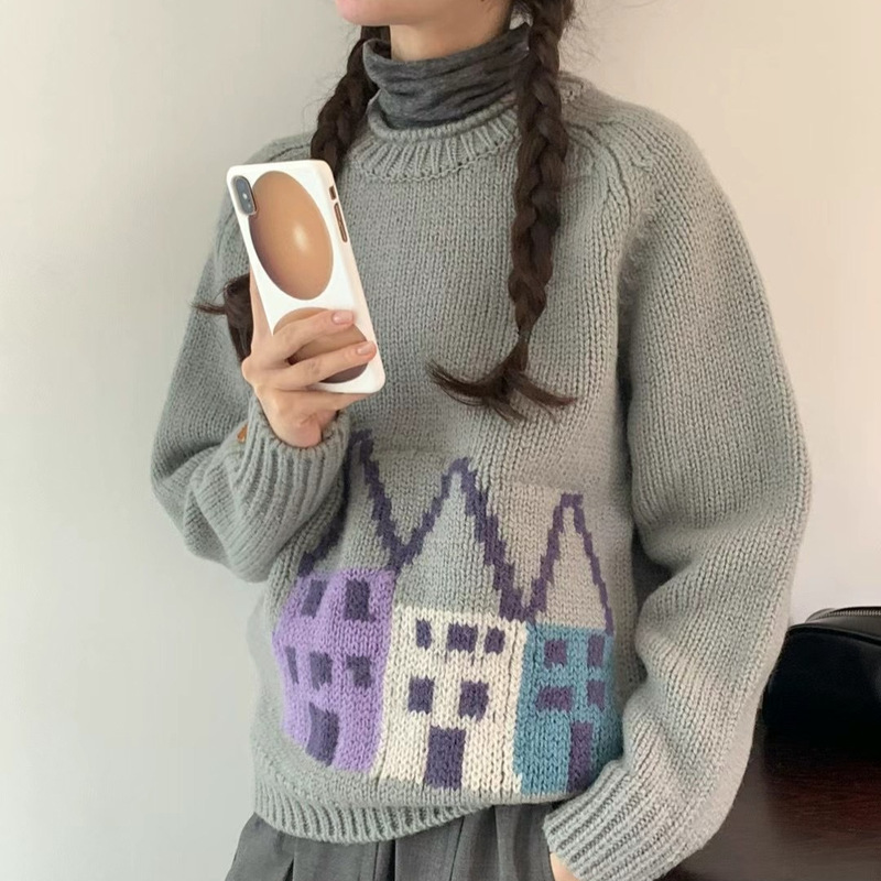 Special price is not refunded/South Korea east gate with e * g egg home contrast small house jacquard crew neck pullover sweater Special price is not refunded/South Korea east gate with e * g egg home contrast small house jacquard crew neck pullover sweater