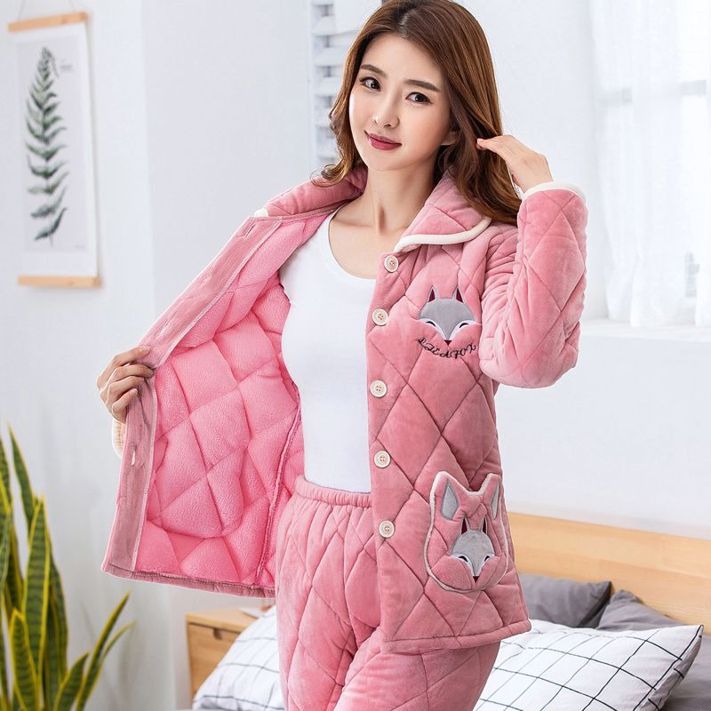 Coral Velvet Pajamas for Women Winter Thickeneded Fleece-Lined Three-Layer Quilted Pajamas for Women Winter Cotton Coats Women's Home Clothes Warm Suits