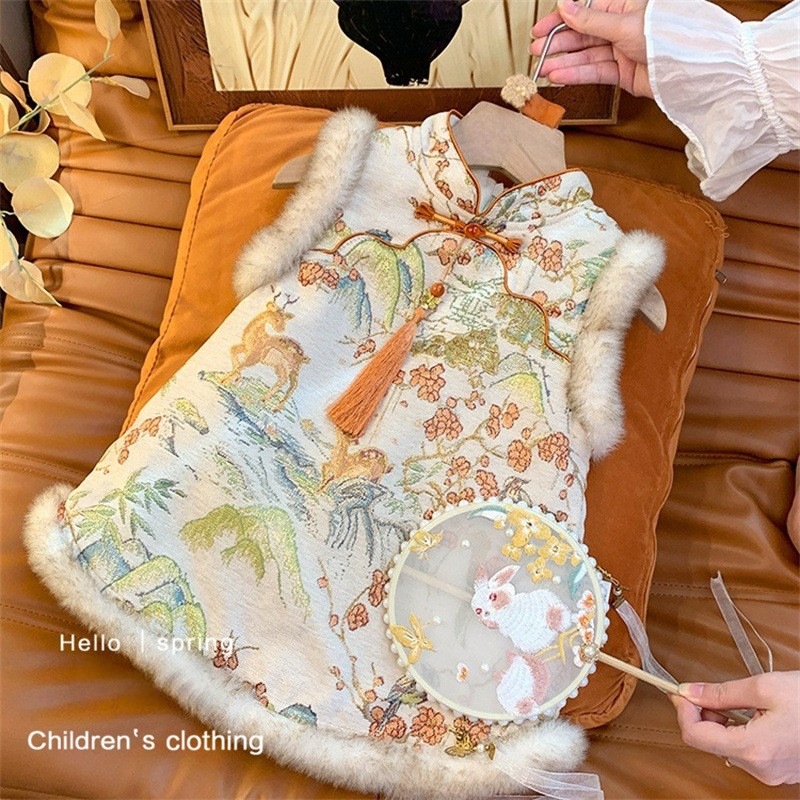 [Spot] Niñas más falda de chaleco de terciopelo, falda cheongsam, nuevo vestido coreano de un año, falda de año nuevo para niños y niñas image 1