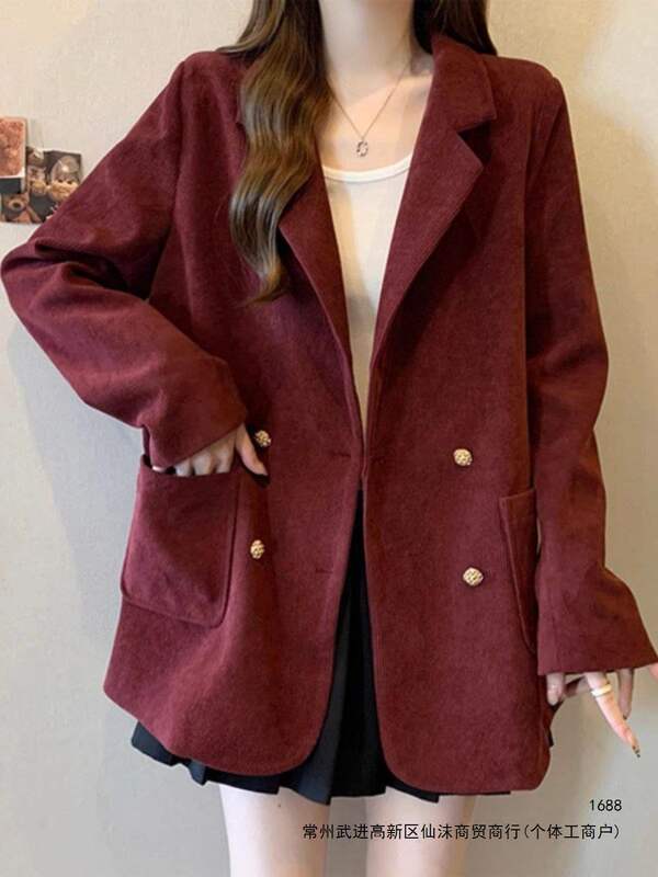 Angora Red Corduroy Straight-Shoulder Blazer for Women, Plus Size, Early Spring, Autumn, Winter, Stylish Top, Trendy Black Angora Red Corduroy Straight-Shoulder Blazer for Women, Plus Size, Early Spring, Autumn, Winter, Stylish Top, Trendy Black