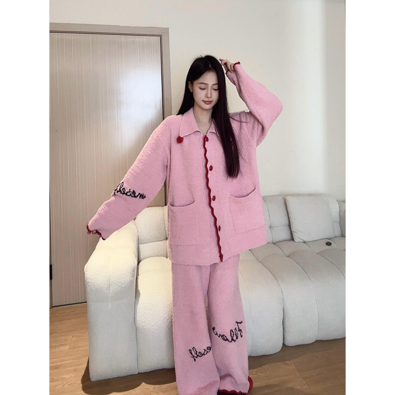 韩系翻领长袖半边绒睡衣女冬季新款加绒加厚毛绒针织家居服两件套|undefined