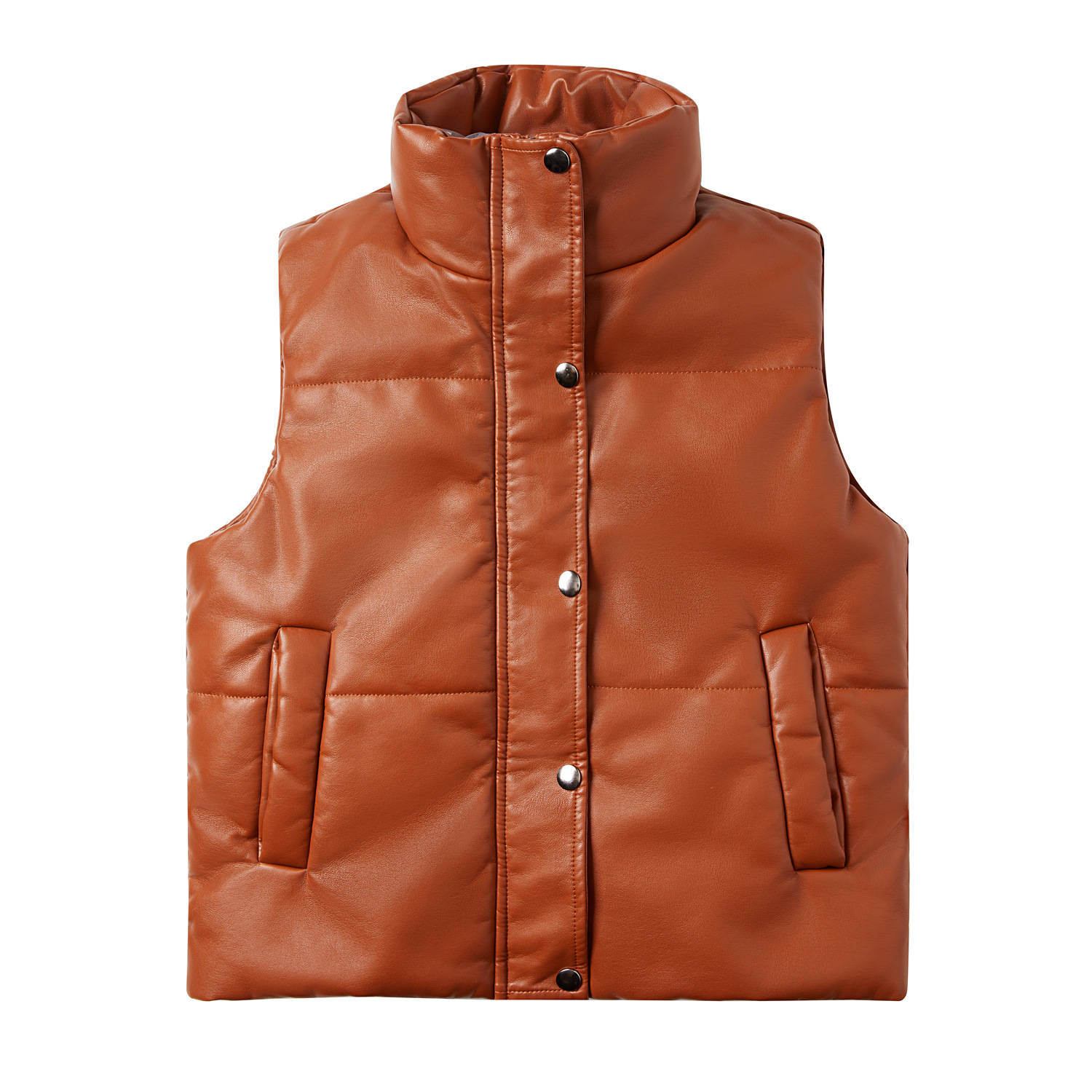 2022 Otoño e Invierno de las mujeres Chaleco de cuero sin mangas con cremallera acolchada de algodón acolchado abrigo de moda collar de pie abrigo de tamaño europeo Amazon WISH