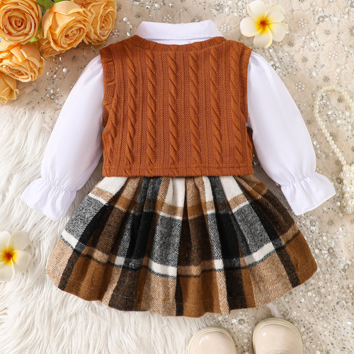 Spring and Autumn European and American Women's Little Girl Set White Long-Sleeve Blouse Khaki Cardigan Check Short Skirt Fashion Three-Piece Set