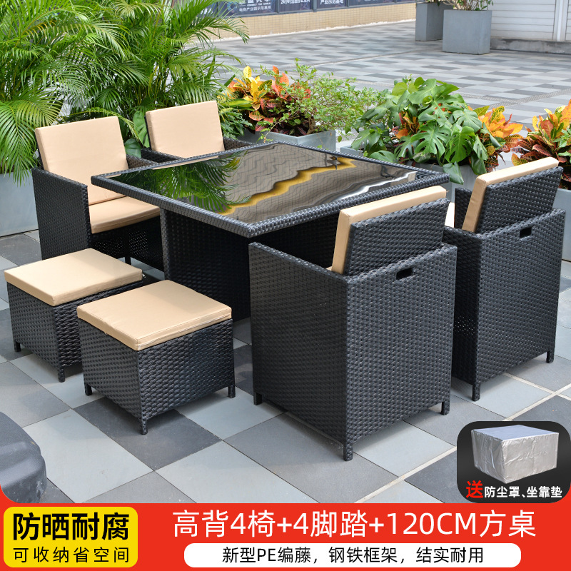 Mesa y silla al aire libre Villa patio jardín ocio silla de caña combinación impermeable al aire libre tabla de té de caña con paraguas