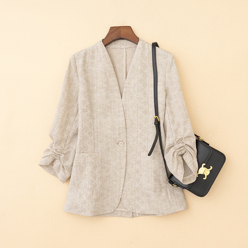 Elegant Linen-Colored 7/8 Length Ruched Sleeve Blazer for Women, V-Neck Slim-Fit Commuter Blazer, Nanyou New Style Women's Suit