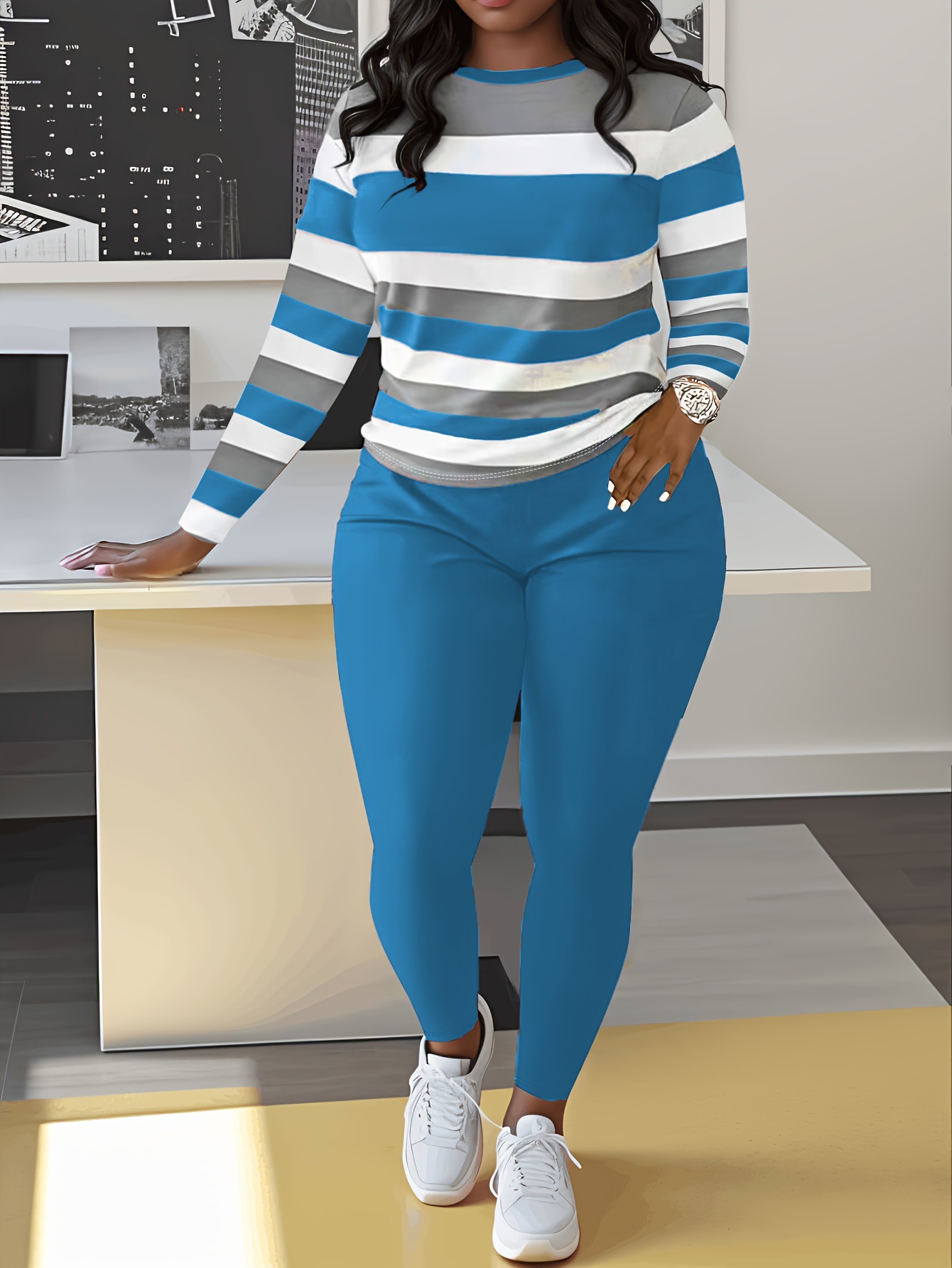 Women's Two-piece Pant Set Long Sleeve Striped Colour Block Outfit_voghion.com