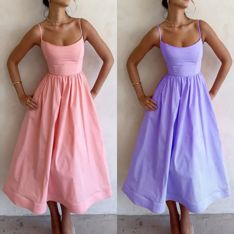 2026 New Spring Women's Clothing, Cross-Border European And Americanes, Sexy Waist-Cinching Solid Color Strap Maxi_ecoleips.com