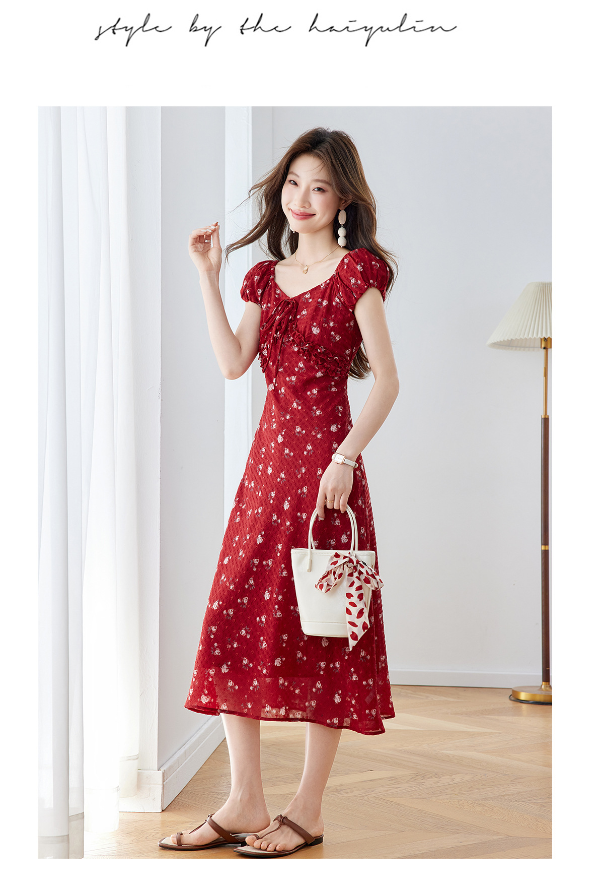 Đầm maxi nữ thắt eo cổ V họa tiết hoa nhí phong cách Pháp — màu vàng, màu đỏ chi tiết 19