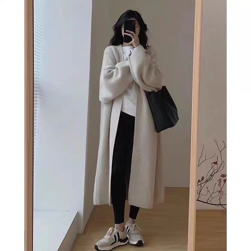 秋冬季慵懒风毛衣开衫女中长款春秋新款加厚宽松过膝针织外套大衣|undefined