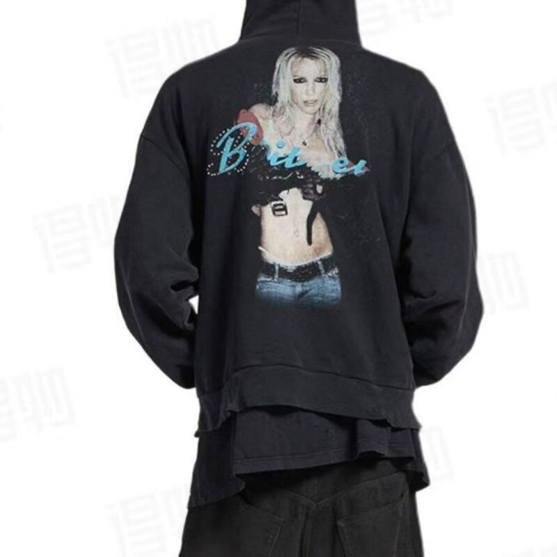 High Version Paris B New Front and Back Direct Spray Printing + Hot Diamond Hat Embroidered Washed Zipper Cardigan Sweatshirt