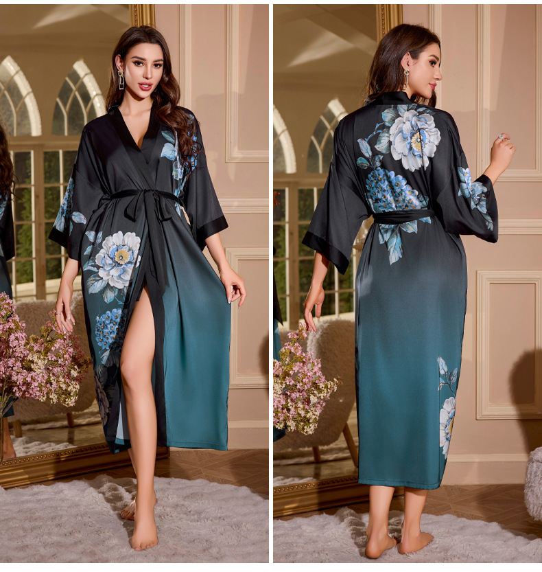 Primavera y otoño estilo de pijamas de satén mujeres primavera y otoño siete mangas de diseño de ropa de hogar de mangas largas sueltas túnicas WP3430