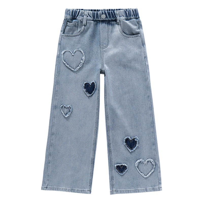 Джинсы для девочек Весна и осень Модные осенние Широкие штаны в западном стиле для больших детей Модные крутые осенние детские штаны с жареным уличным принтом интернет-знаменитостей