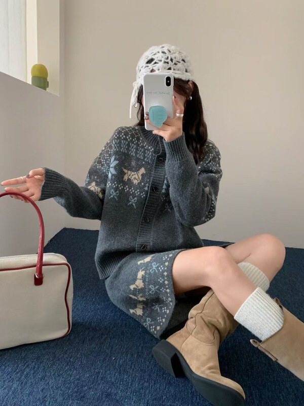 费尔岛撞色提花开衫毛衣女2025秋冬新款宽松百搭针织半身裙两件套|undefined