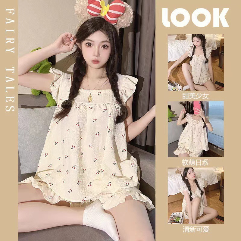 Pajamas Women's Summer Sweet Small Fly-Sleeved Vest with Sling suit Ins Style Cute Fresh Small Man Home Clothes for Summer