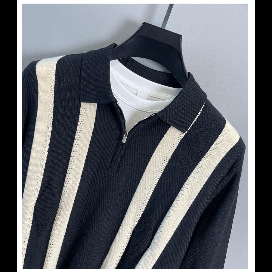 Men’s Half-zip Striped Knitted Polo Shirt Warm Autumn Winter Top_voghion.com