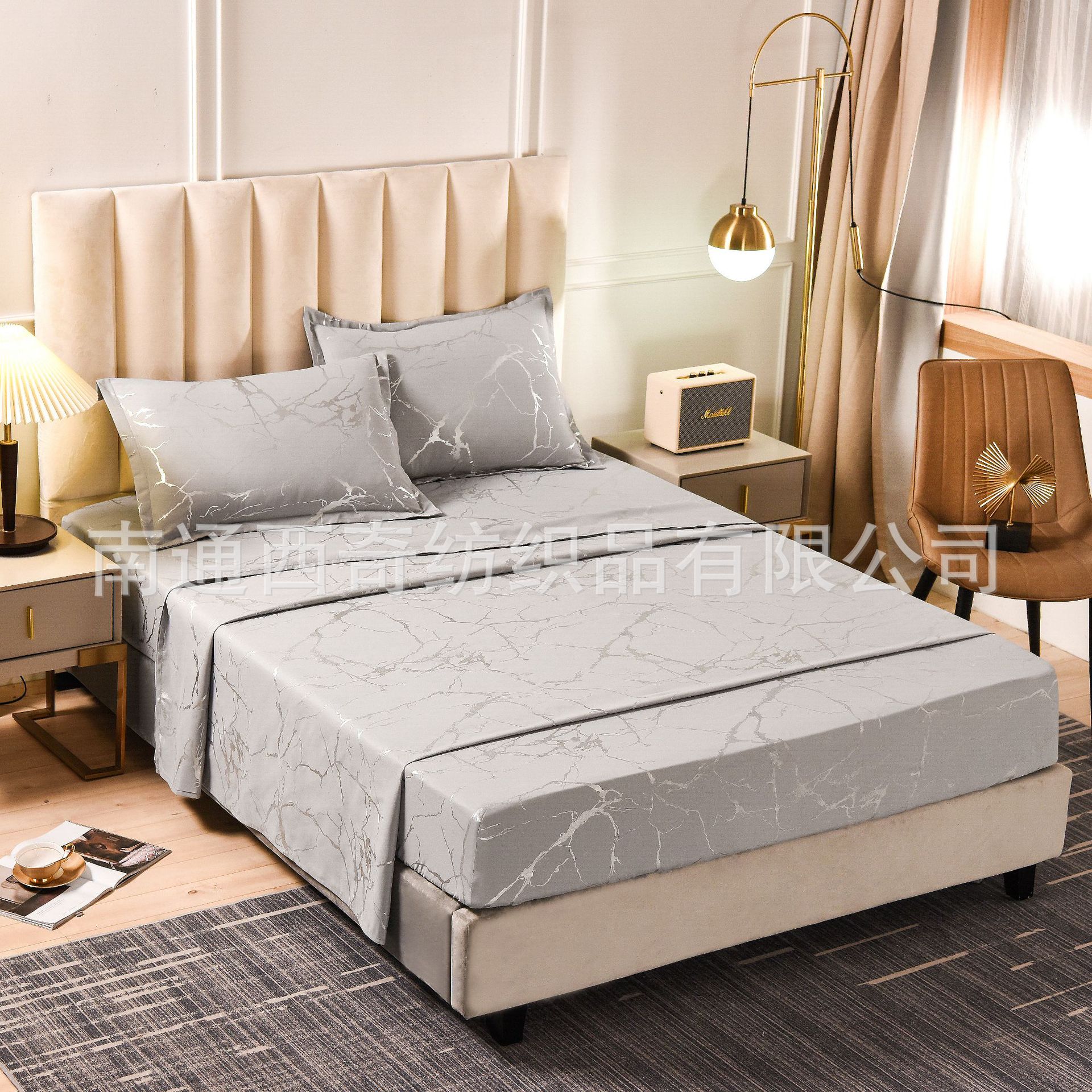 亚马逊易贝速卖通跨境家纺供货烫金石纹床笠四件套多尺寸一件批发