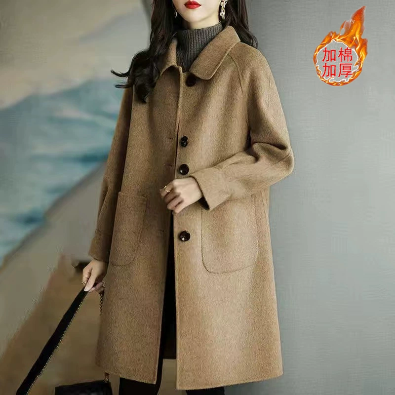 Woolen coat, demi-season long jacket, for teenagers, increased thickness, Korean style, mid-length