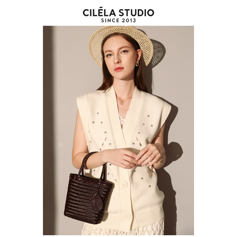 [Top Grain Leather] Handmade Woven Vacation Style Genuine Leather Handbag, Market Basket Tote Bag For Women, Summer - Thumbnail 3