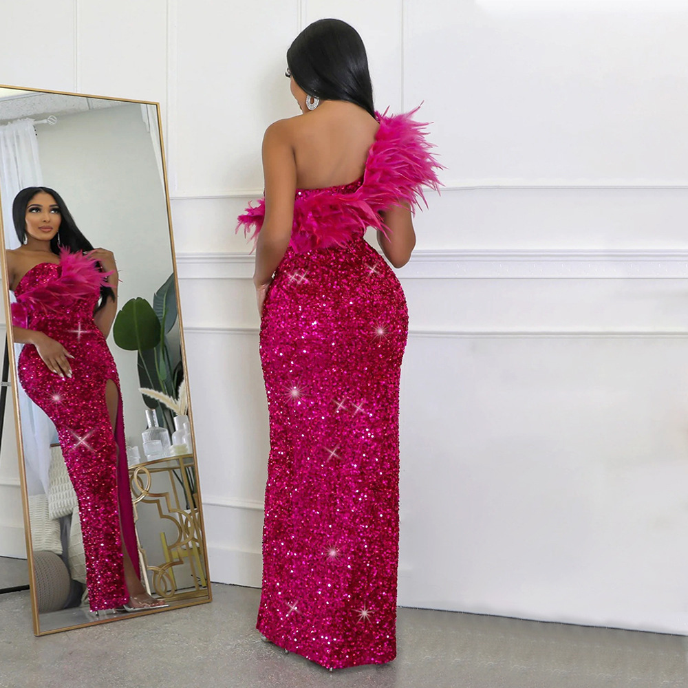 Women's Clothing women's summer sexy fashion feather oblique collar banquet dress skirt sequin slit long skirt_voghion.com