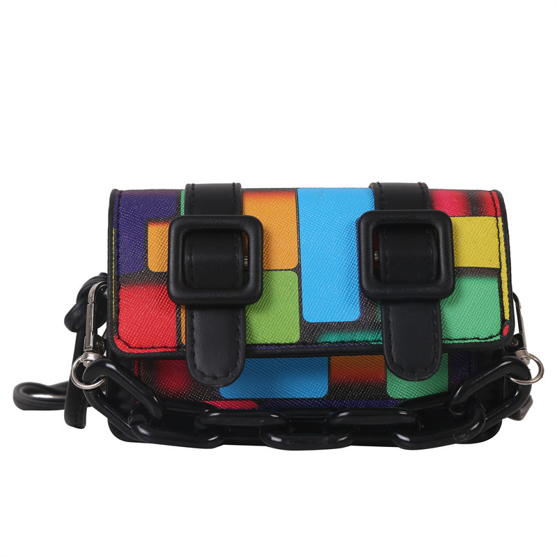 Bolsos transfronterizos de moda, bolso cuadrado pequeño, nuevo bolso de hombro con bloques de color arcoíris, bolso cruzado con bloques de color, mini bolso cuadrado pequeño para niños