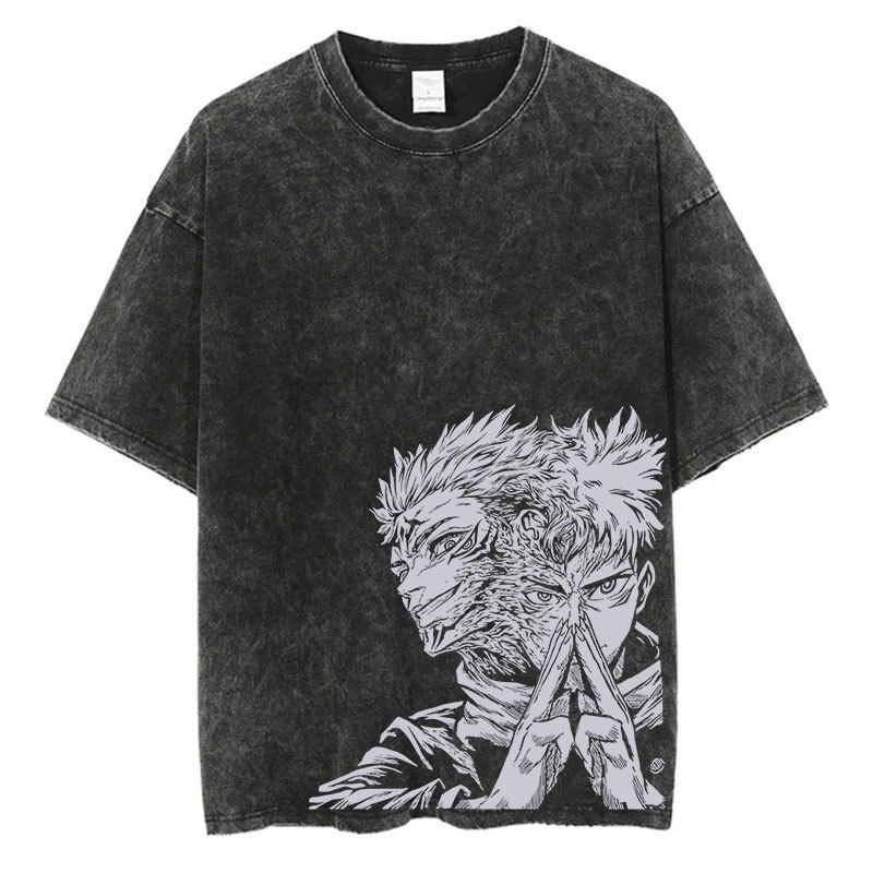 2025 Summer Washed T-Shirt Anime Graphic Print Streetwear Clothing Vintage Oversized T-Shirt Men's Fashion Cotton Top