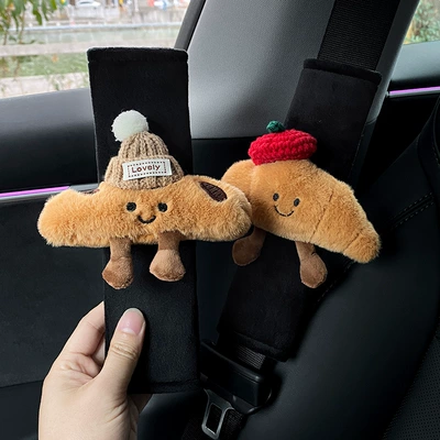 Car Seat Belt Shoulder Cover Cute Hornbag Car Safety Belt Protective Cover Anti-collar Car Interior Decoration Supplies (Sürətlər qutusu və əl tormozu başlıqları) - black-velvet-shoulder-pads-khaki-hat-baguette-apple-hat-croissant-two-pieces