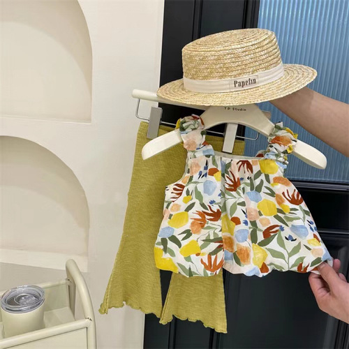  Summer Girls Korean Style Floral Camisole Suit Girl Baby Fashionable Vest Flare Pants Thin Two-piece Set