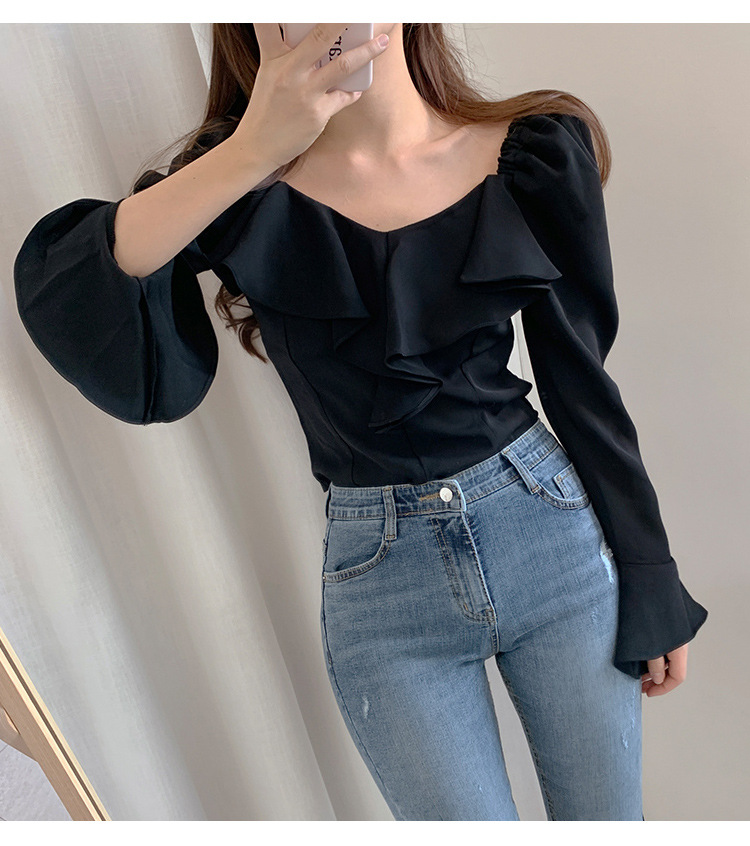 Solid Color Fungus Edge Slim Long-Sleeved Top NSFYF113703