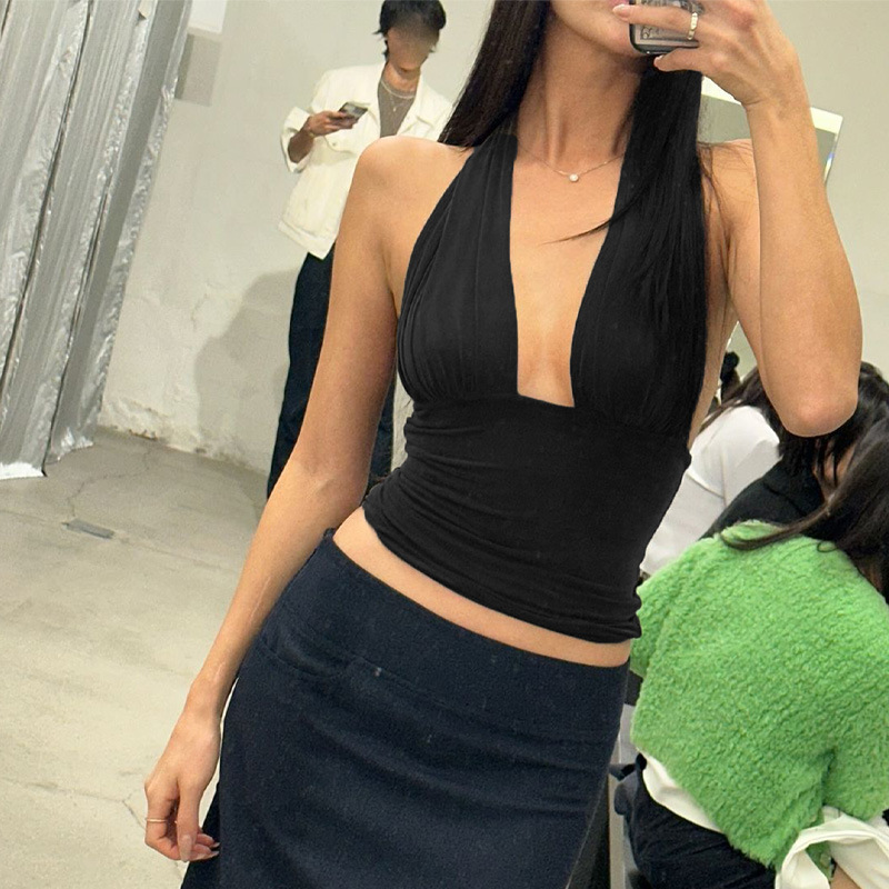 Transfronterizo Amazon 2025 primavera y verano nueva ropa de mujer europea y americana color sólido sexy halter halter espalda delgada chaleco chica caliente