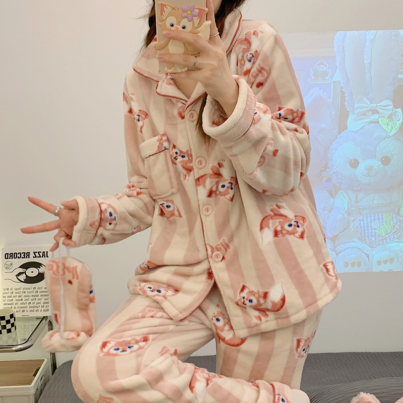Internet celebridad pijamas de dibujos animados Las Mujeres franela solapa cardigan manga larga Otoño e Invierno máscara engrosada caliente desgaste del hogar traje