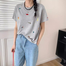 2024夏季新款女韩代同款刺绣动物圆领减龄显瘦休闲高级感短袖T恤