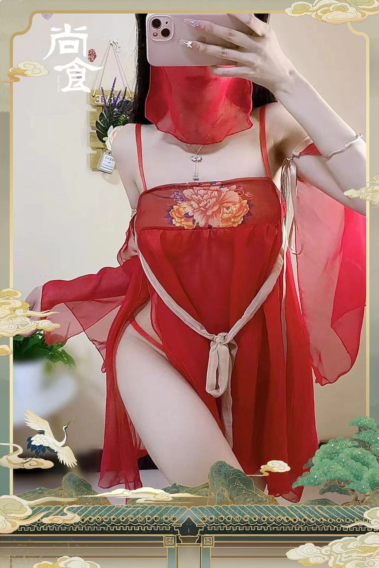 Retro Palace-Style Hanfu Lingerie Set with Veil, Tube Top and Briefs — detail image 5