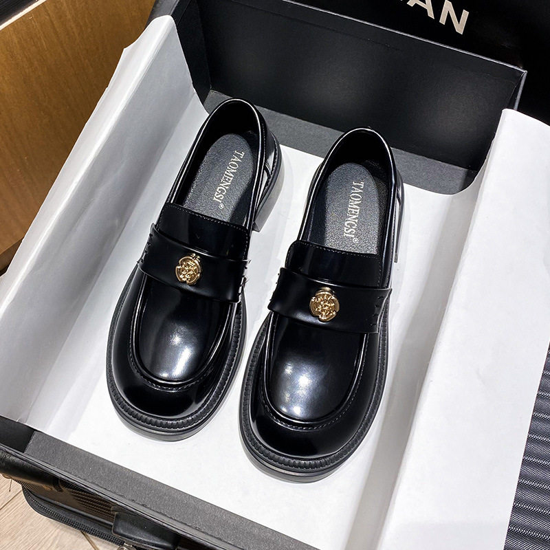 Giày lười nữ da phong cách Anh khóa xu, đế dày gót 3–5 cm, mũi tròn, size lớn — Màu Đen/lót nhung, Màu đen/lót một lớp