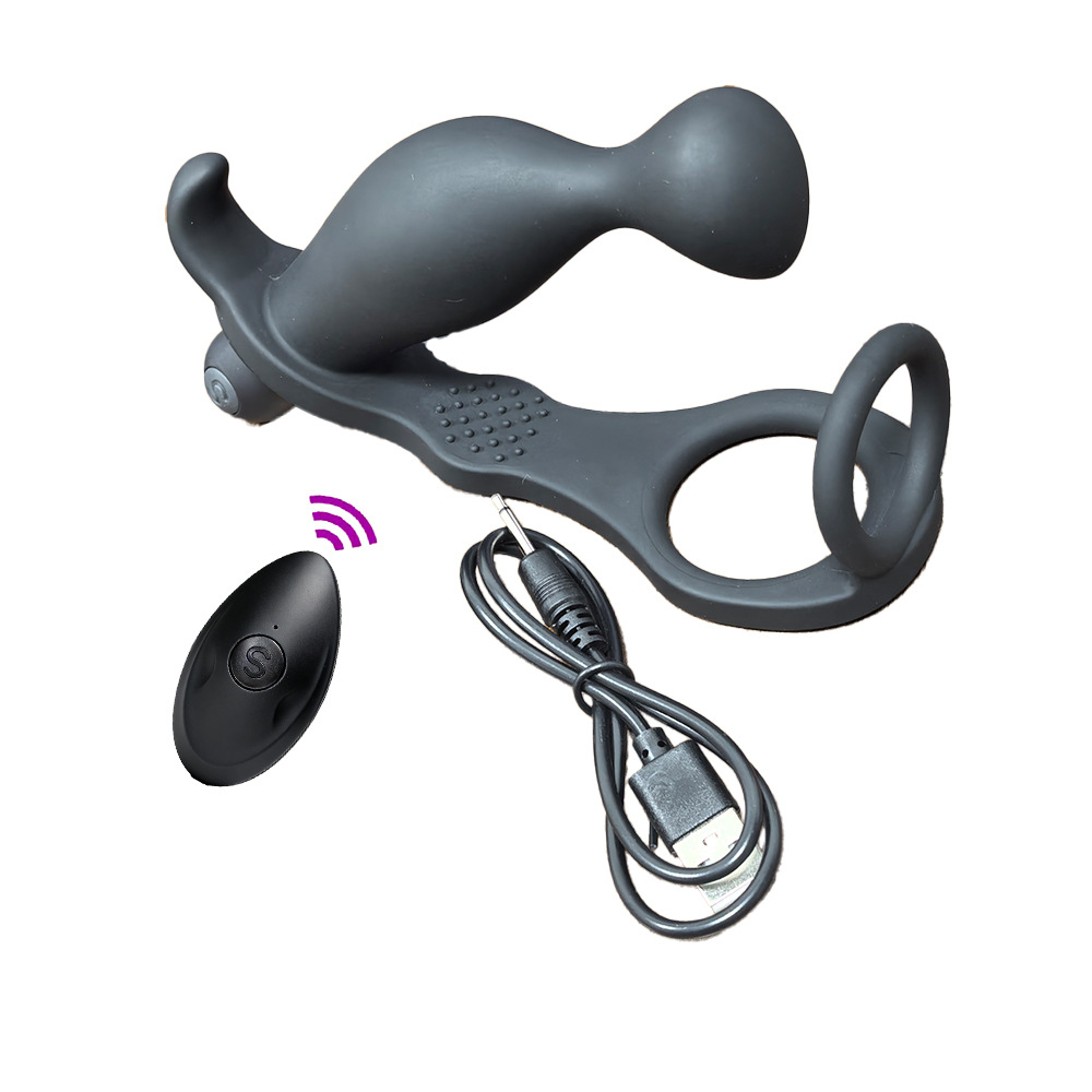 Vibrating Silicone Anal Plug with Double Penis Ring and Remote Control — detail image 7