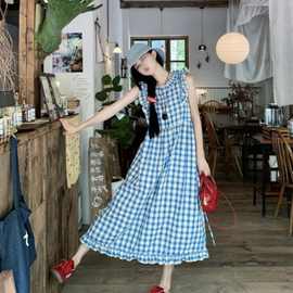小众高级感蓝色格子花边连衣裙女夏季度假风收腰大摆长裙88084