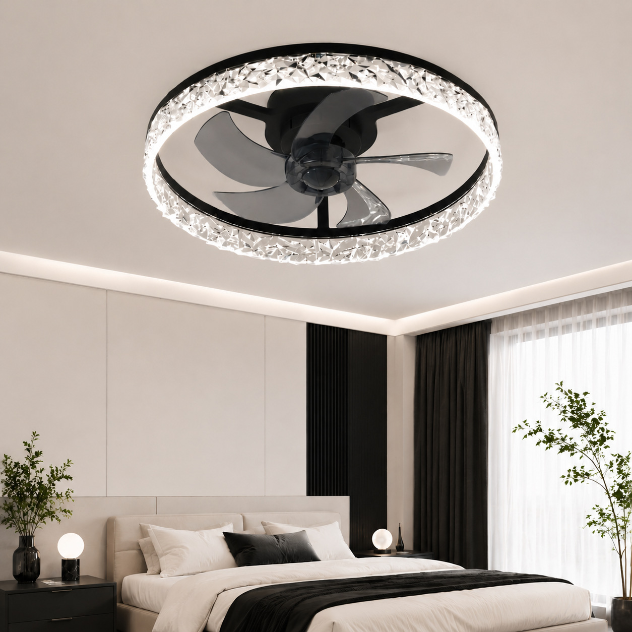 Lámpara Ventilador de Techo Inverter 110V, PC y ABS, Control Remoto y APP, para Dormitorio y Restaurante