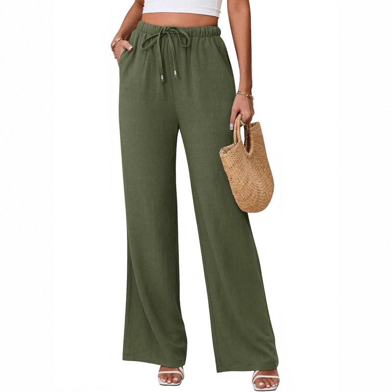 Cross-Border Linen Pants 2026 European and American Style Flowy Bohemian High-Waisted Wide-Leg Pants for Summer Beach Vacation Women's Pants
