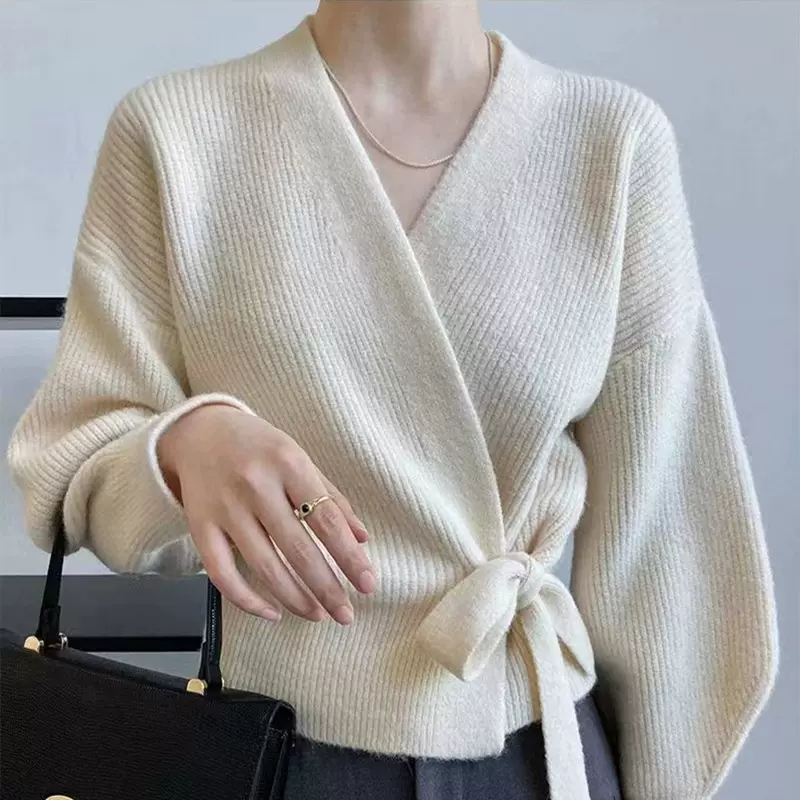针织衫蝴蝶结绑带v领女款高腰开衫毛衣女外套外搭上衣法式长袖