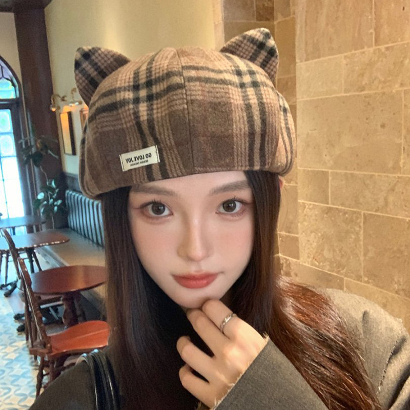 复古格纹猫耳朵贝雷帽子女春秋显脸小百搭毛呢画家帽保暖南瓜帽|undefined
