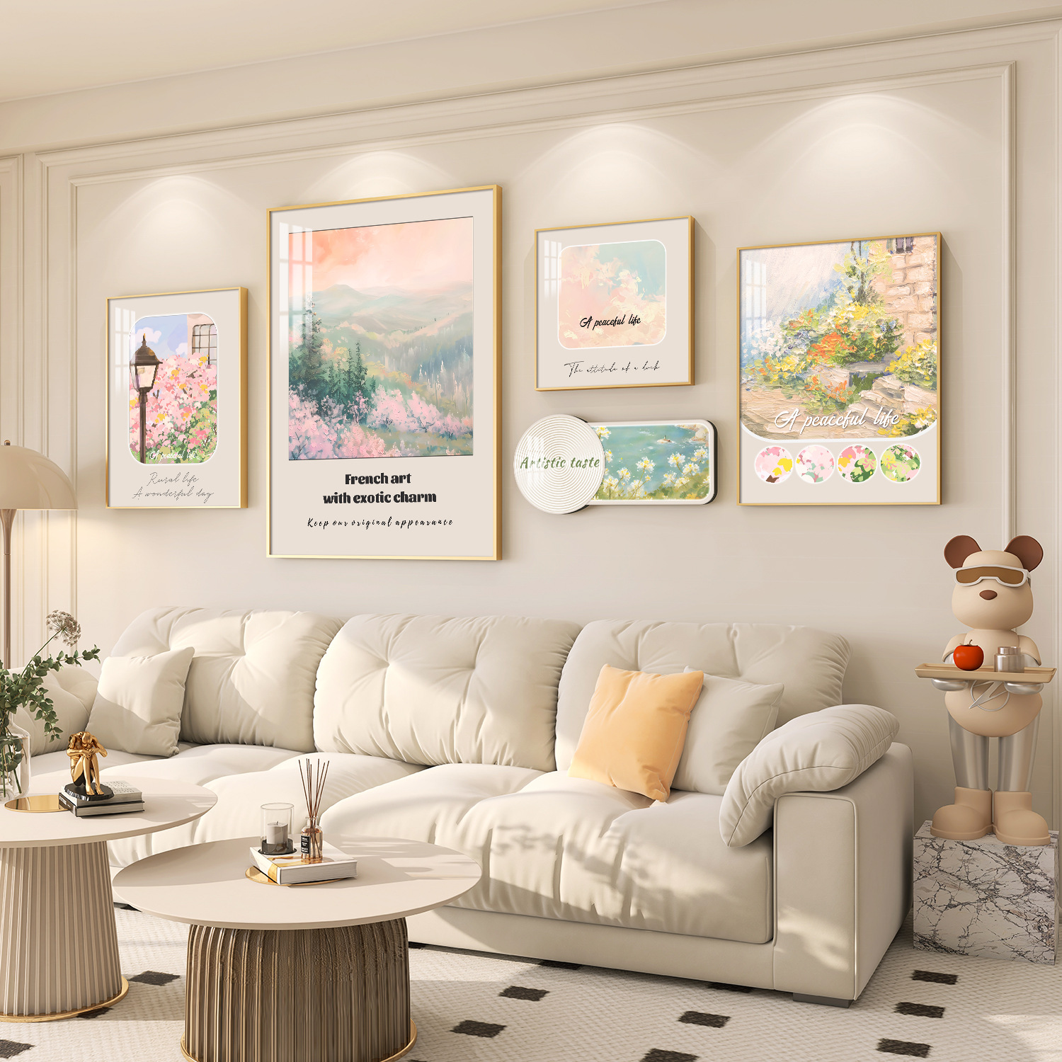 French Cream Style Living Room Decorative Painting Advanced Sense Sofa Background Wall Hanging Painting Small Fresh Atmospheric Wall Combination Painting