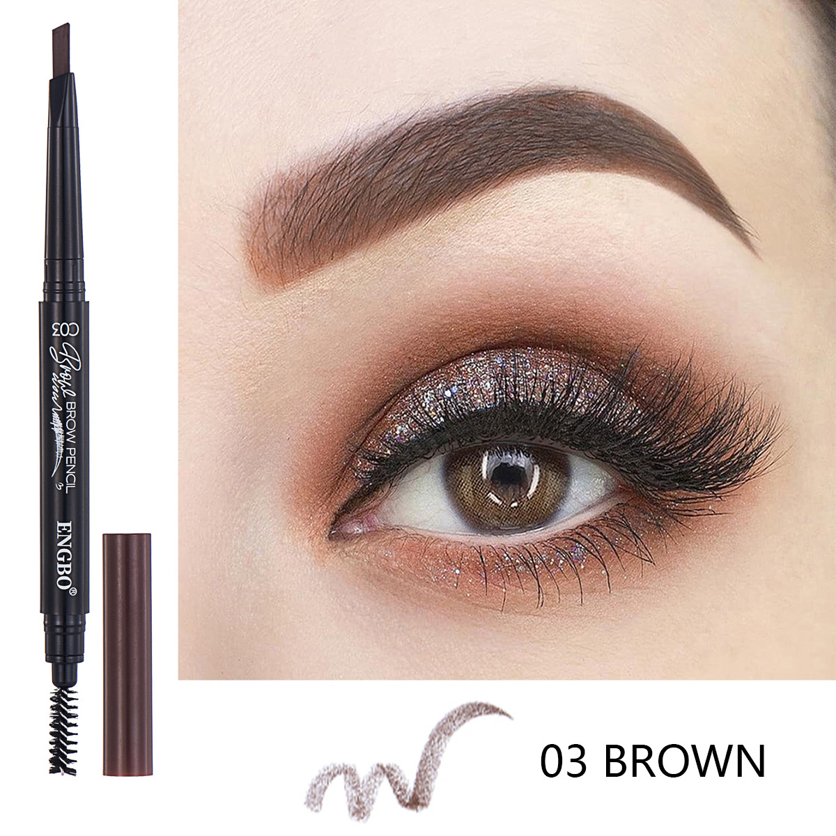 ENGBO's dual-head eyebrow pencil for foreign trade comes with an eyebrow brush that automatically rotates, ensuring long-lasting eye cosmetics without smudge Specification drawing